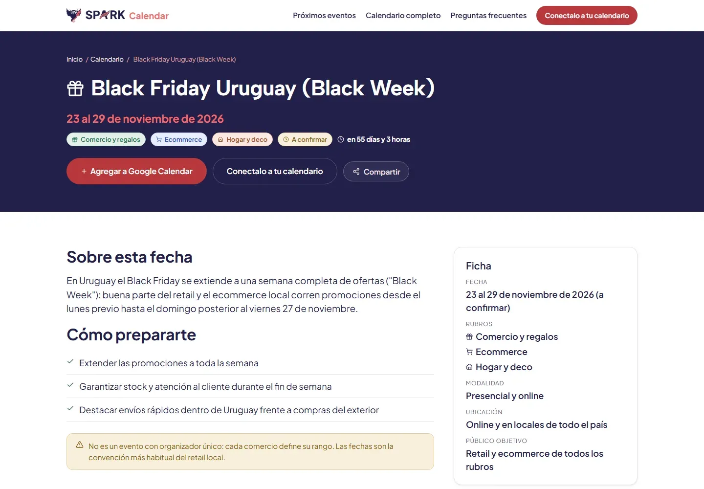 Spark Calendar, the Black Friday Uruguay page with how to prepare